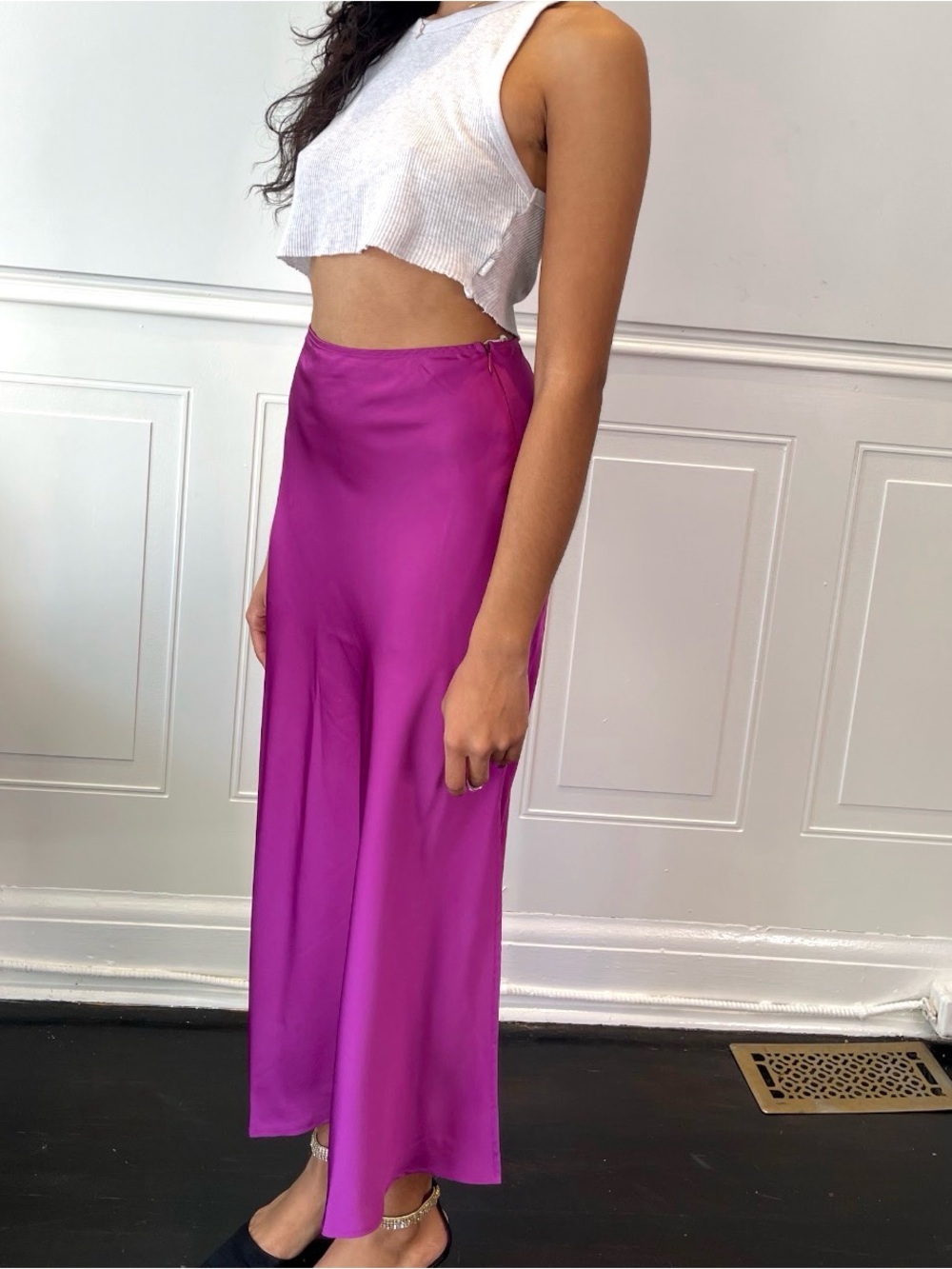Pink Martini Hot Pink Satin Midi Skirt with Side Slit